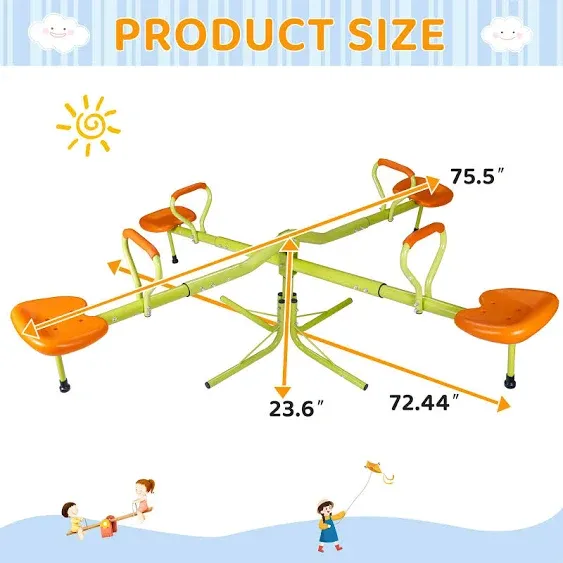 Kids Seesaw Playground Equipment Swivel Teeter Totter with 360 Degree Rotating, Outdoor Fun Play for Kids, Toddlers, Boys, Girls, Children (4 Seats)