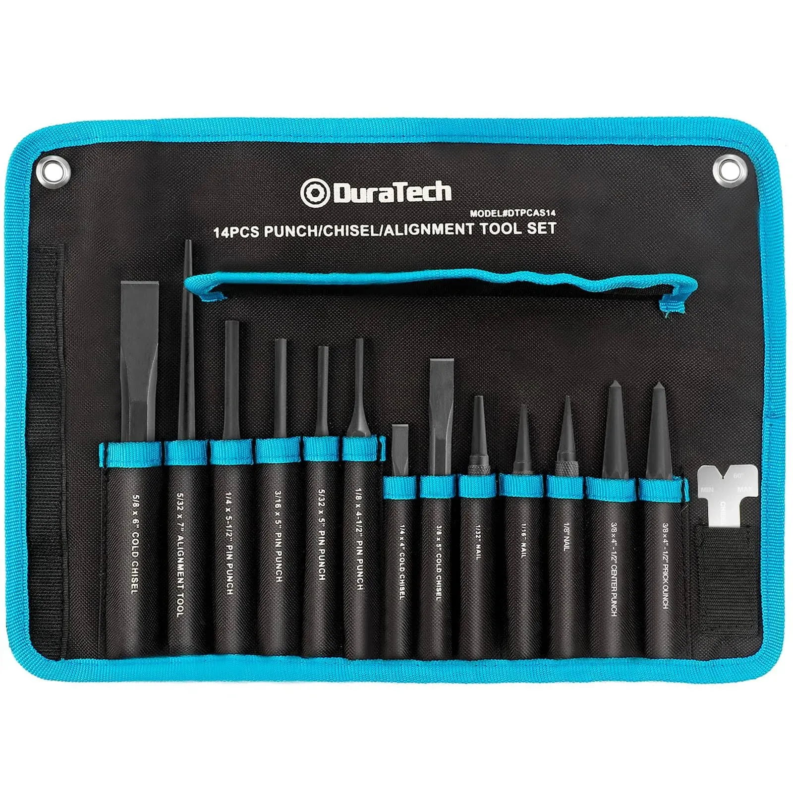 DURATECH 14 Piece Punch/Chisel/Alignment Tool Set, Including Pin Punch, Center Punch, Nail punch, Alignment Tool, Cold Chisel, Chisel Gauge, for Removing Repair Tool, with Rolling Pouch