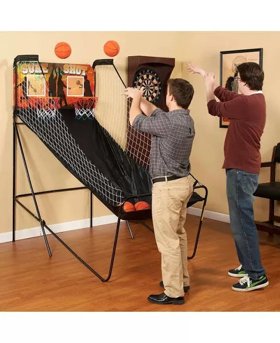 Hathaway Sure Shot 81-in Dual Basketball Arcade Game for Room - with LED Scoring, Foldable Indoor Basketball Game Design, Steel Frame, 8 Game Modes, 4 Balls, Pump & Dual Hoops - Orange/Black Finish