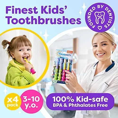 Kids Toothbrush 4 Pack - Soft Contoured Bristles - Child Sized Brush Heads (3-10 Year Old) - Suction Cup for Fun & Easy Storage - Girl & Boy Set (Green & Pink)