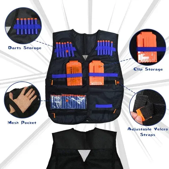 Kids Tactical Vest Kit for Nerf Guns N-Strike Elite Series with 40 Bullets Refill Darts, 2 Reload Clips, Dart Pouch, Tactical Masks, Hand Wrist Band and Protective Glasses Nerf Vest for Boys