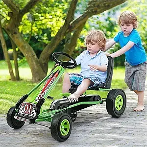 HOMGX Pedal Go Kart, Outdoor Kids Pedal Go Kart with Adjustable Bucket Seat, Steering Wheel, Rubber Wheels, Brake, Pedal Powered Ride On Kart for 3-5 Years Boys, Girls (Green)