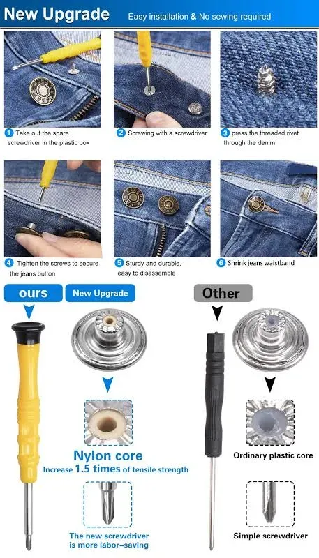 Jeans Button Replacement No Sew: YUANHANG 24 Sets Metal Buttons for Pants - Instant Adjustable Button - Tighten Waist Size by 1 Inch or Extend an Extra Inch - Contains A Removable Screwdriver