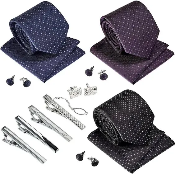 Premium Men’s Gift Tie Set Silky Necktie Pocket Squares Tie Clips Cufflinks Fo