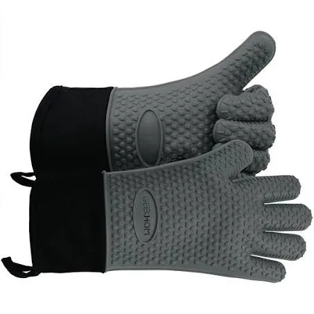 GEEKHOM BBQ Gloves, Grilling Gloves Heat Resistant Oven Gloves, Kitchen Silicone Oven Mitts, Long Waterproof Non-Slip Pot Holder for Barbecue, Cooking, Baking, Grey