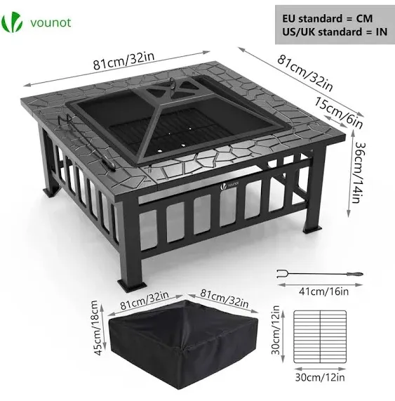 Fire Table 32 inch Square Firepit Multifunctional Outdoor Fireplace