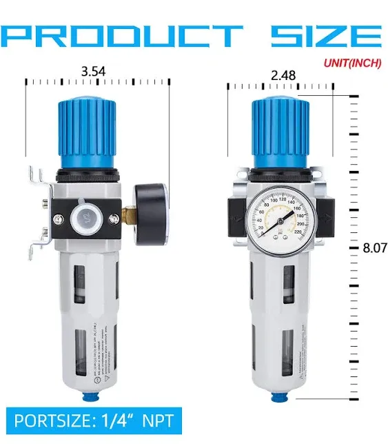 NANPU 1/4" NPT High Pressure Compressed Air Filter Regulator Water/Oil Trap Separator - Gauge(0-230 psi), Poly Bowl,Semi-Auto Drain, Bracket