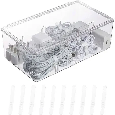 Yesesion Clear Plastic Cord Organizer Box with Adjustment Compartments, Large Cable Management Case with Lid and 10 Wire Ties for Desk Drawer, Home Office, Art Supply, Electronic Accessories (1 PACK)