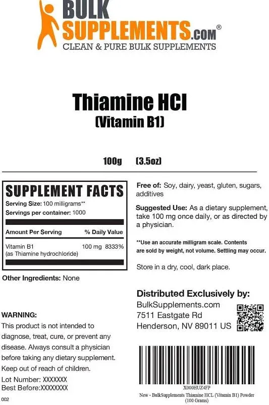 Bulksupplements.com Thiamine HCl Powder Thiamine Hydrochloride B1 Vitamins