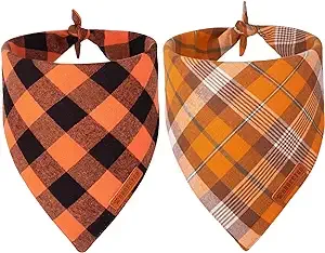 ADOGGYGO Fall Dog Bandanas 2 Pack, Halloween Thanksgiving Dog Bandana, Orange Plaid Dog Scarf, Multiple Sizes Offered, Holiday Bandana for Medium Large Dogs (Large, Fall)