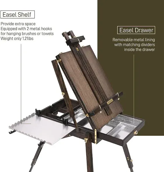 French Easel for Painting, Deluxe Oak Wooden Field & Studio Sketchbox Easel Stand with Metal Side Tray, Portable Tabletop & Tripod Floor Painting Easel, Holds Canvas up to 34"- Grey Walnut