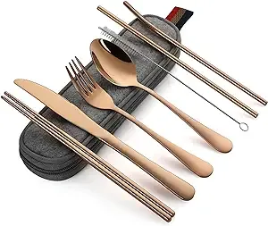 DEVICO Portable Utensils, Travel Camping Cutlery Set, 8-Piece including Knife Fork Spoon Chopsticks Cleaning Brush Straws Portable Case, Stainless Steel Flatware set (Rose Gold)