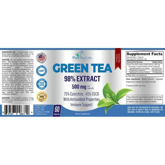 YUMMYVITE Green Tea Extract 98% - 3X Strength, 75% Polyphenol Catechins, 45% EGCG ...