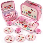 D-FantiX Kids Tea Set for Little Girls 15Pcs Pink Tin Tea Party Set for Toddlers Afternoon Tea Time Playset