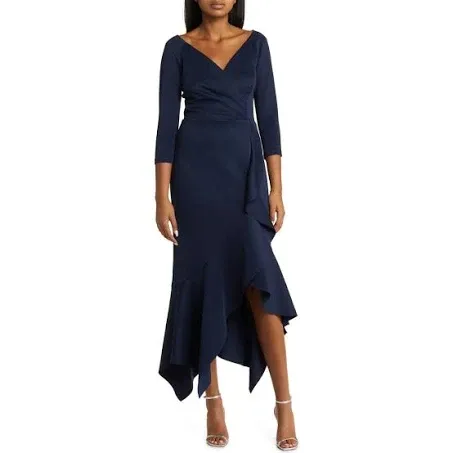 Xscape Evenings Handkerchief Hem Scuba Crepe Cocktail Dress in Midnight