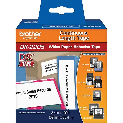 Brother DK2205 Label Tape,Black/White,Paper