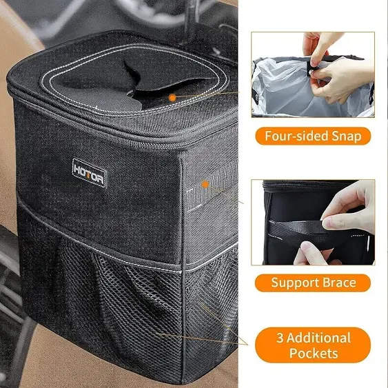 HOTOR Car Trash Can with Lid and Storage Pockets - 100% Leak-Proof Organizer, Wa