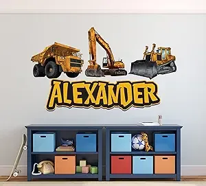 Nom personnalisé avec des décalcomanies murales de camions de construction, nom de style de route de construction personnalisé avec des autocollants muraux de creuseurs, décalcomanies murales de chambre de garçon