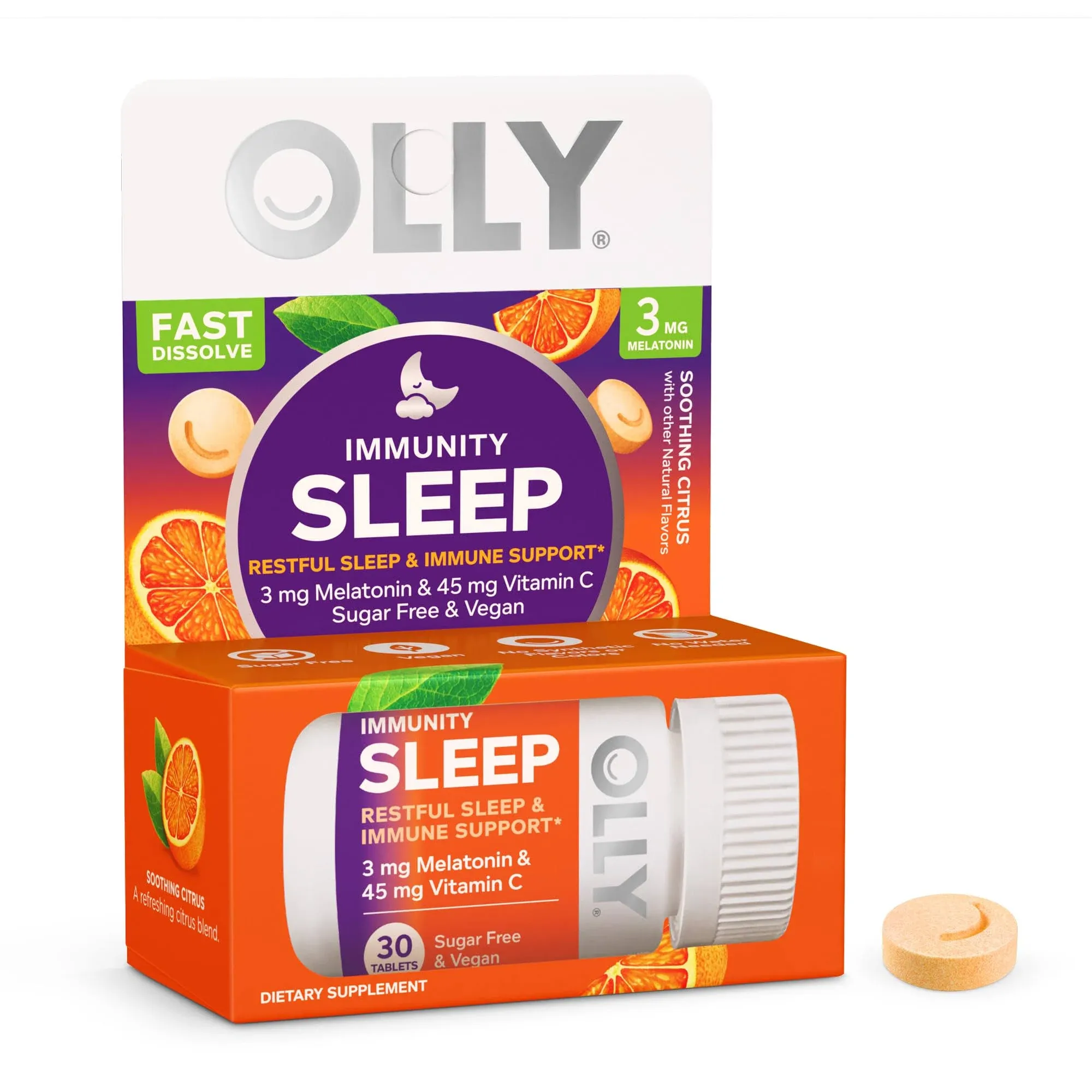 OLLY Immunity Sleep Fast Dissolves, 3mg Melatonin, Vitamin C, Citrus Flavor, 30 Day Supply - 30 Count