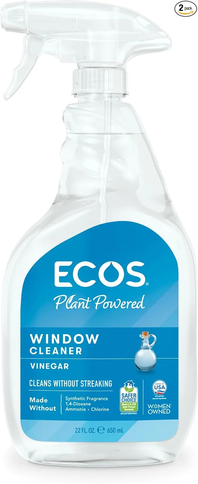 Earth Friendly Products ECOS Window Cleaner with Vinegar, 22 Fl Oz (Pack of 2)