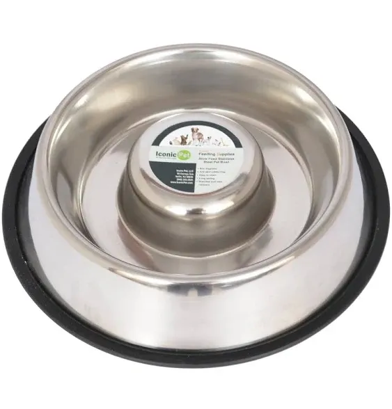 Iconic Pet Slow Feed Stainless Steel Pet Bowl for Dog or Cat