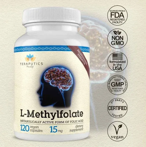 L-Methylfolate 15mg | 120 Vegan Capsules | Premium | 5-MTHF Active Methyl Folate Supplement for Mood Homocysteine Methylation – Non-GMO Gluten-Free, No Fillers - Folic Acid Brain Support