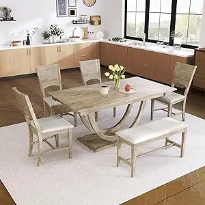 LUMISOL Dining Table Set for 6, Modern Wooden Half Round Kitchen Table Set with Long Bench and 4 Upholstered Dining Chairs, Farmhouse Table and Chairs Set for Kitchen, Dining Room, Natural