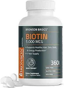 Bronson Biotin 5,000 MCG Supports Healthy Hair, Skin & Nails & Energy Production - High Potency Beauty Support - Non-GMO, 360 Vegetarian Tablets