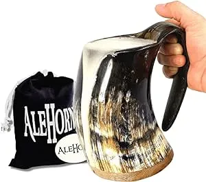 AleHorn Original Handcrafted Authentic Viking Drinking Horn Tankard for Beer Mead Ale - Genuine Medieval Inspired Stein Mug Food Safe Vessel with Handle (24oz)