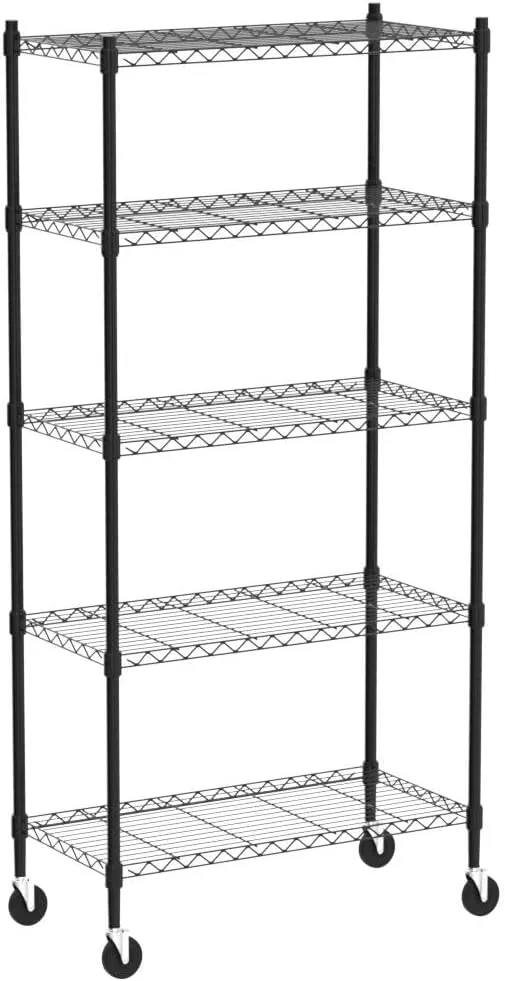 5-Shelf Shelving Units and Storage on 3'' Wheels with Shelf Liners Set of 5, NSF Certified, Adjustable Heavy Duty Carbon Steel Wire Shelving Unit (30W x 14D x 63.7H) Pole Diameter 1 Inch