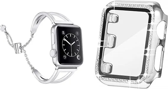 Secbolt 44mm Clear Bling Case with Screen Protector and Silver Dressy Bangle for Apple Watch 44mm iWatch S Series 6/5/4