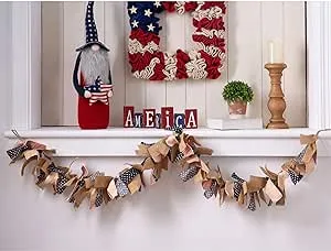 Glitzhome 72" L American Fabric Garland Patriot's Day Decorations Red & Blue Plaid Hanging Garland for Fireplace Wall Decor