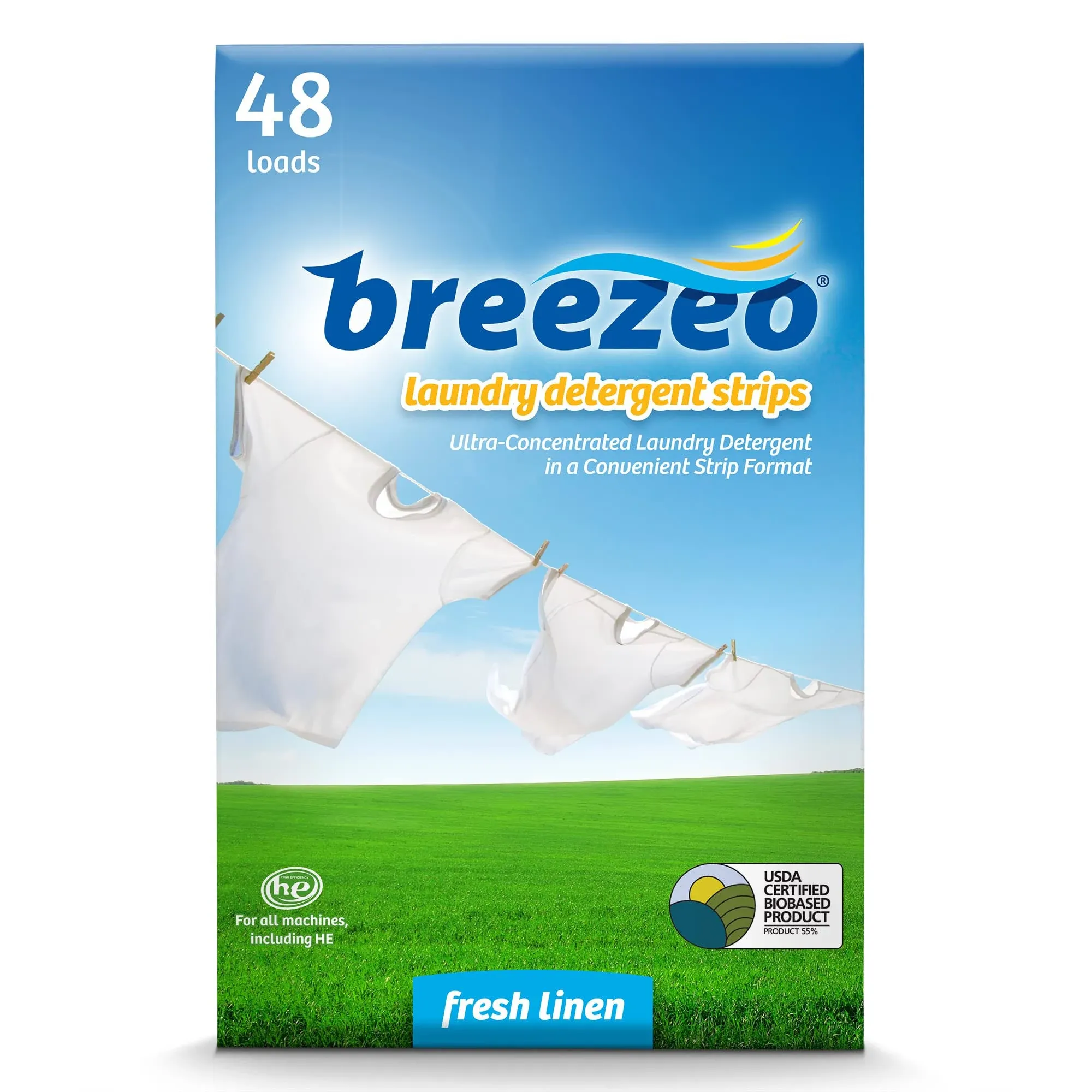 Breezeo Laundry Detergent Strips (48 strips) - Fresh Linen Scent - More Convenient than Pods, Pacs, Liquids or Powders – Great for Home, Dorm, Travel, Camping & Hand-Washing