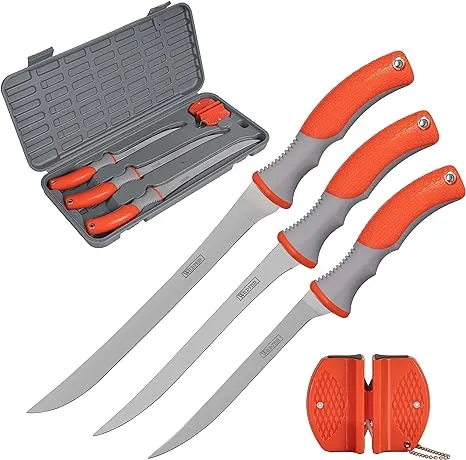 Wild Fish 5-Piece Fish Fillet Set for Filleting and Boning, 9 Inch, 7 1/2 Inch, and 6 Inch Fillet Knifes with Sharpener and Case