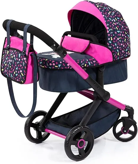 Bayer Design Dolls: Pram Xeo: Shapes Navy & Pink - Matching Handbag, Adjustable Handle, for Dolls Up to 20", Ages 3+