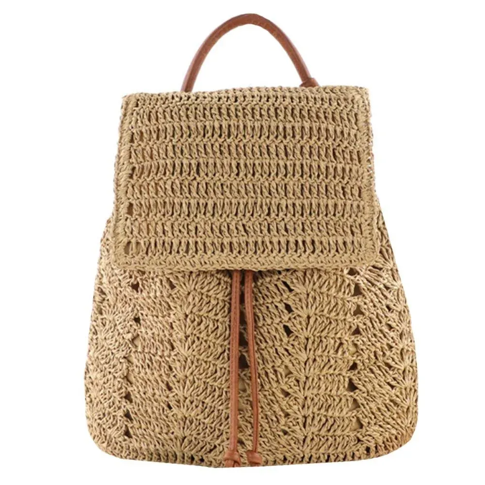 Goclothod Fashion Straw Backpack for Women Drawstring Shoulder Bag Bohemian Beach Handbags