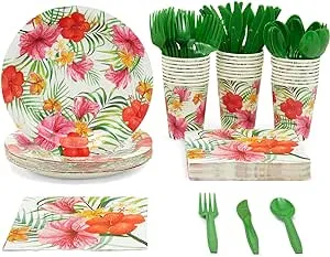 BLUE PANDA 144 Piece Tropical Luau Party Supplies, Hawaiian Dinnerware Set with Plates, Napkins, Cups, and Cutlery (Serves 24)