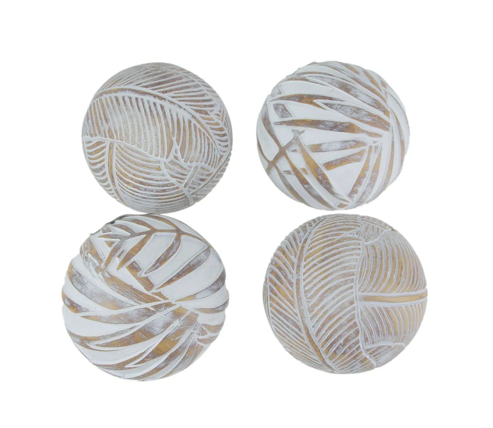 May Whitewashed Tropical Leaf Wood Look Decor Balls Set of 4