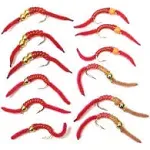 The Fly Fishing Place San Juan Worm Trout Fly Assortment Power Bead Worms 1 Dozen Wet Nymph Fly Fishing Flies - Hook Size 10-3 Each of 4 Patterns