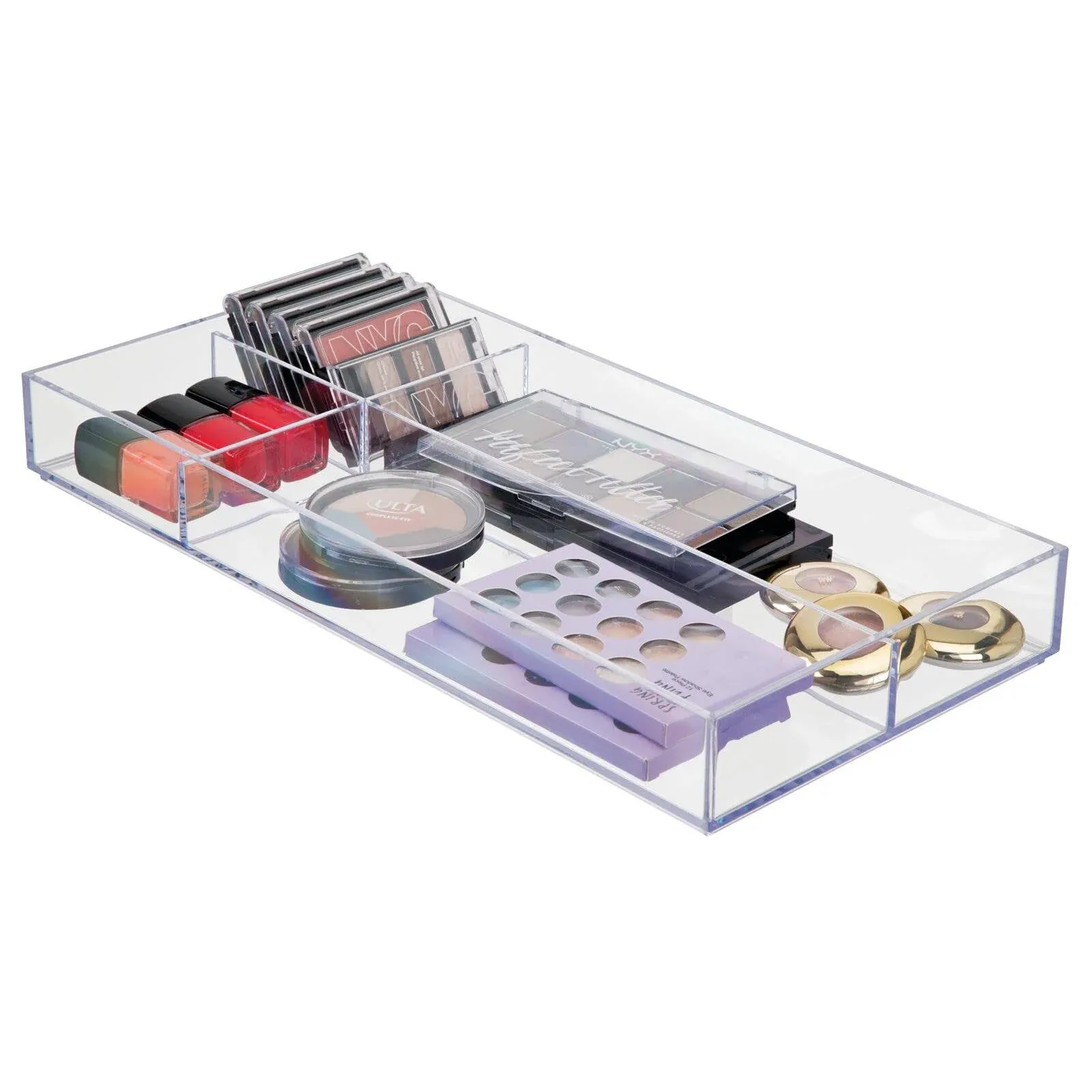 mDesign Wide Divided Makeup Organizer Tray for Bathroom Drawers, Vanity, or Countertop - Plastic Cosmetic Storage for Brushes, Palettes, Lipstick, and Accessories - Lumiere Collection - Clear