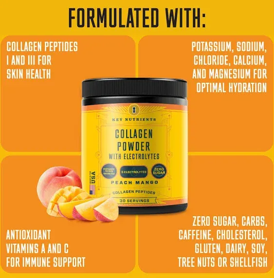 KEY NUTRIENTS Multivitamin Electrolytes Powder No Sugar - Collagen Peptides Endurance & Energy Supplement - Hydration Powder - No Calories - Multi Collagen Supplements Collagen for Hair - Made in USA