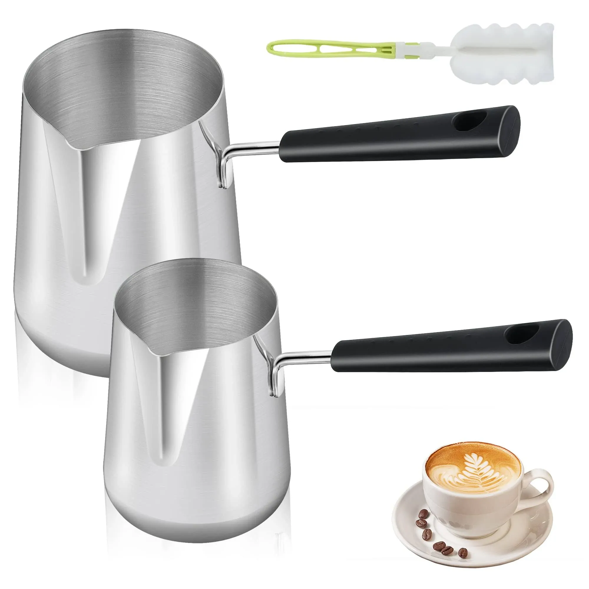 Elesunory Set of 2 Milk Warmer Pot, 11.83oz/30.43oz Turkish Coffee Pot, Stainless Steel Butter Warmer with Pouring Spout, Butter Warmer Pot for Making Coffee, Butter, Milk and Chocolate