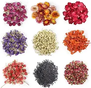 9 Bags Dried Flowers,100% Natural Dried Flowers Herbs Kit for Soap Making, DIY Candle Making,Bath - Include Rose Petals,Lavender,Don't Forget Me,Lilium,Jasmine,Rosebudsand More