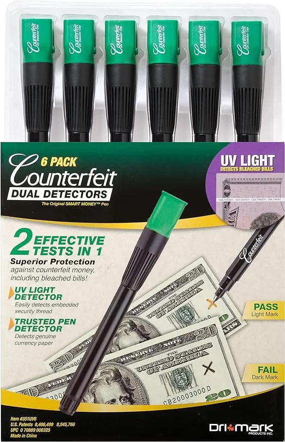 Dri Mark Dual Test - The Original Counterfeit Detection Marker Pen with UV LED Cap, Tests for Security Strips and Authentic Currency Paper - 6 UV Light/Pen Combinations