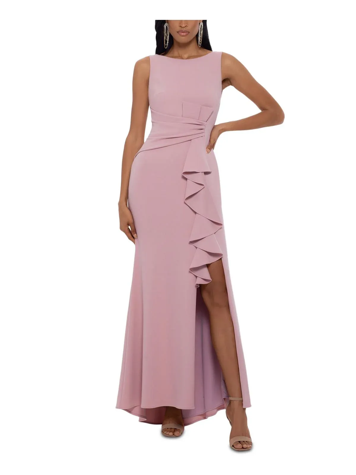 Betsy & Adam Womens Sleeveless Side Ruffle Gown