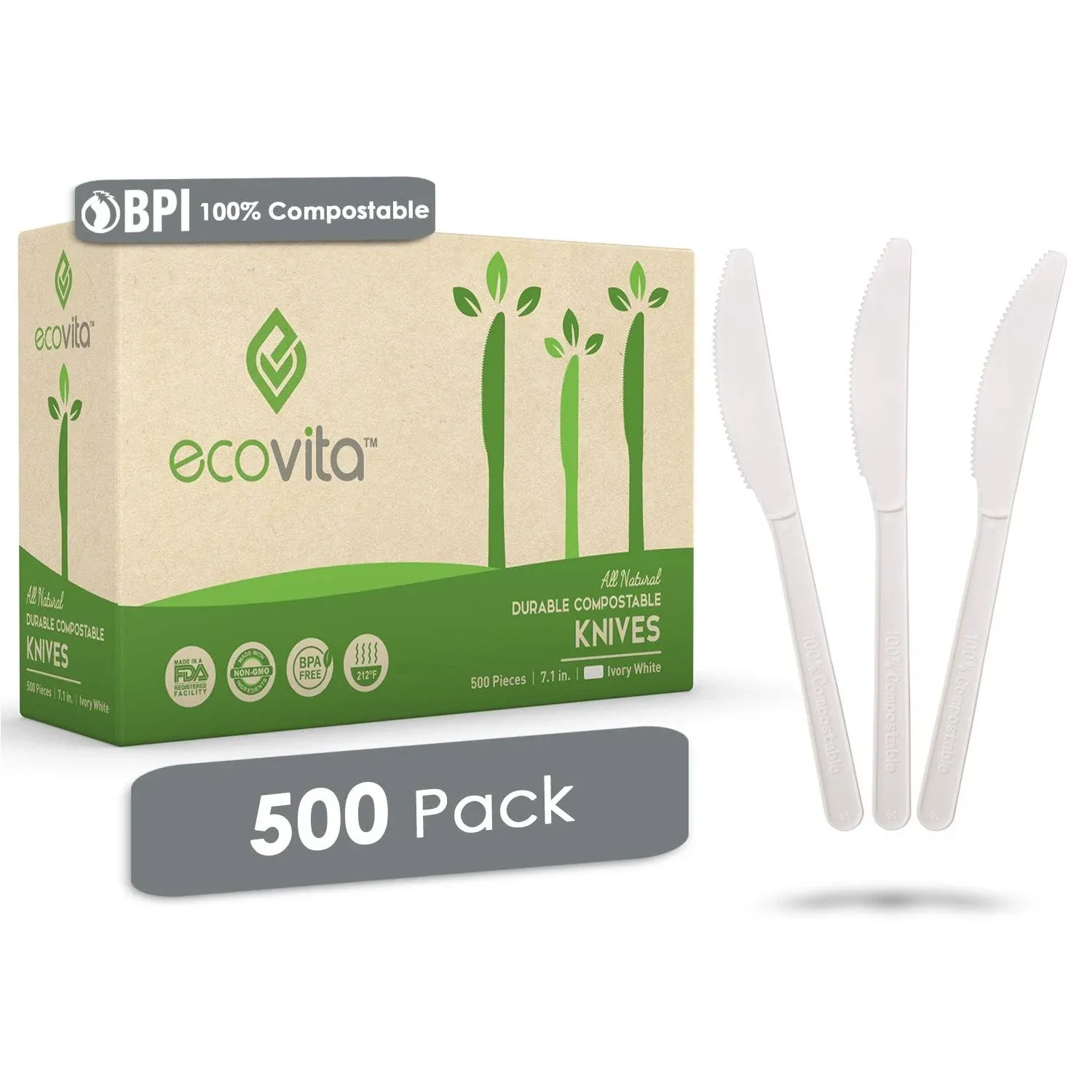 100% Compostable Knives - 500 Large Disposable Utensils (7 in.) Bulk Size Eco Friendly Durable and Heat Resistant Alternative to Plastic Knives with Convenient Tray