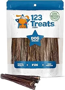 123 Treats Beef Sticks for Dog - 100 Natural Esophagusgullet Healthy Chews - Meat Jerky Snack for Dogs (6 Inches - 30 Count)