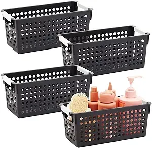 Farmlyn Creek 4-Pack Black Plastic Baskets for Organizing Bathroom, Laundry Room, Washroom or Playroom, Stylish and Sleek Versatile Small Plastic Baskets with Handles for Home Closet Organization