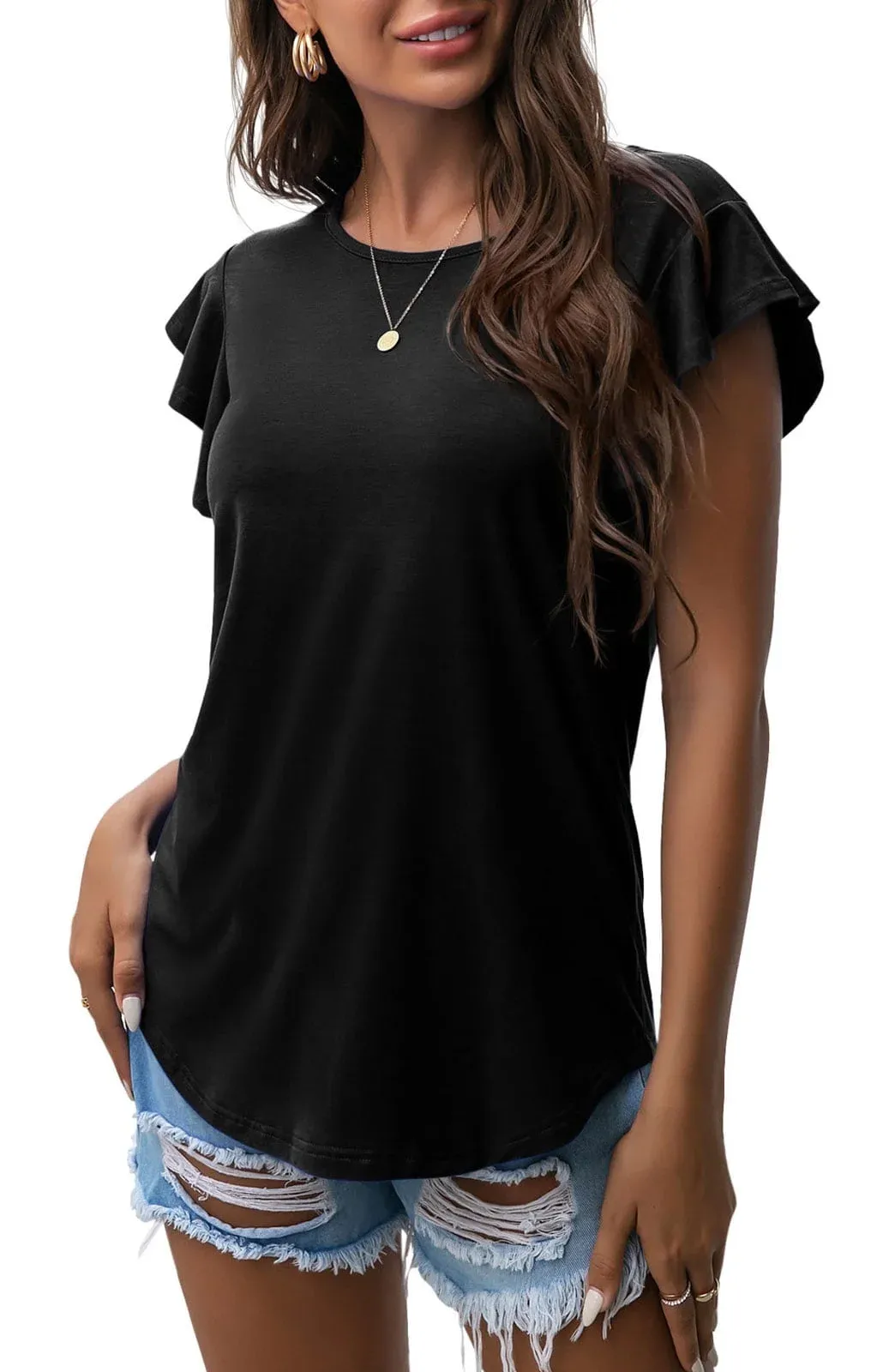 Women's Ruffle Short Sleeve Knit Tunic Top