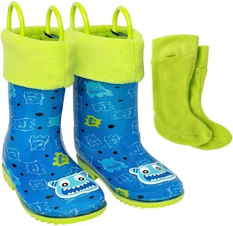 Toddler Rain Boots, Kids Rain Boots Waterproof Rubber Boots for Girls and Boys with Sock, Fun Patterns, Easy-On Handles 8-12